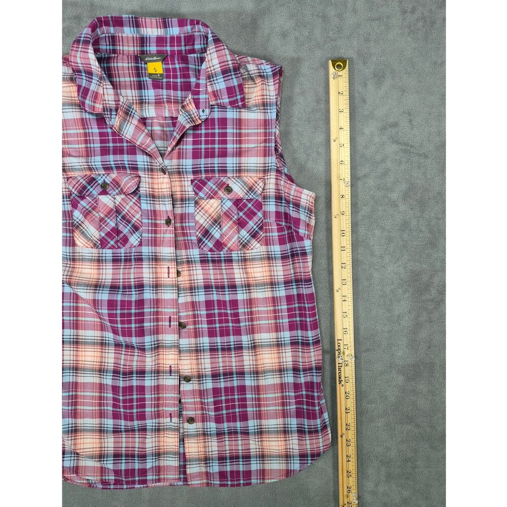 Eddie Bauer Sleeveless Plaid Button Front Shirt Women’s Size S Pink Blue - Picture 3 of 6